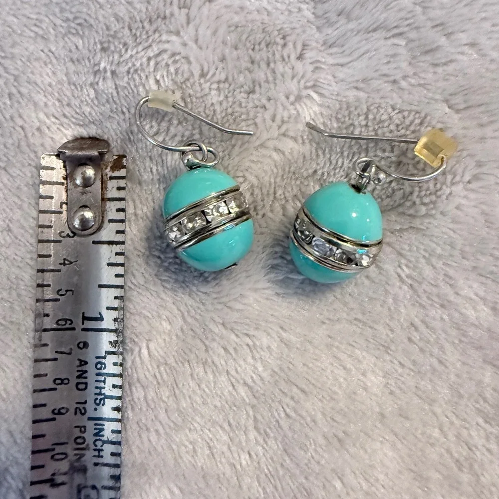 Vintage Y2K Aqua Blue Rhinestone Bead Dangle‎ Earrings Silver Tone